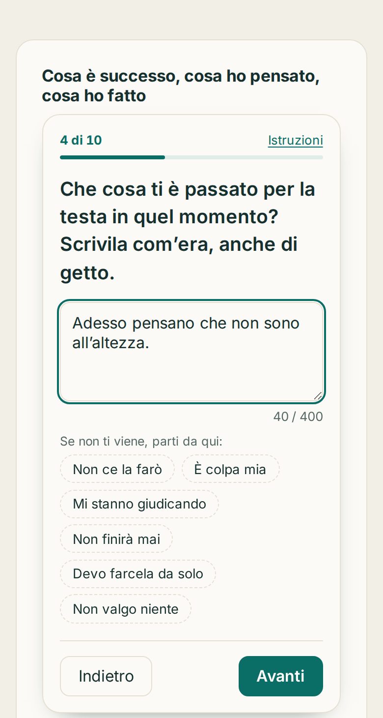 Lo schema A-B-C compilato dal paziente sul telefono: la domanda «Che cosa ti è passato per la testa in quel momento?» con la risposta scritta e alcuni spunti da cui partire.