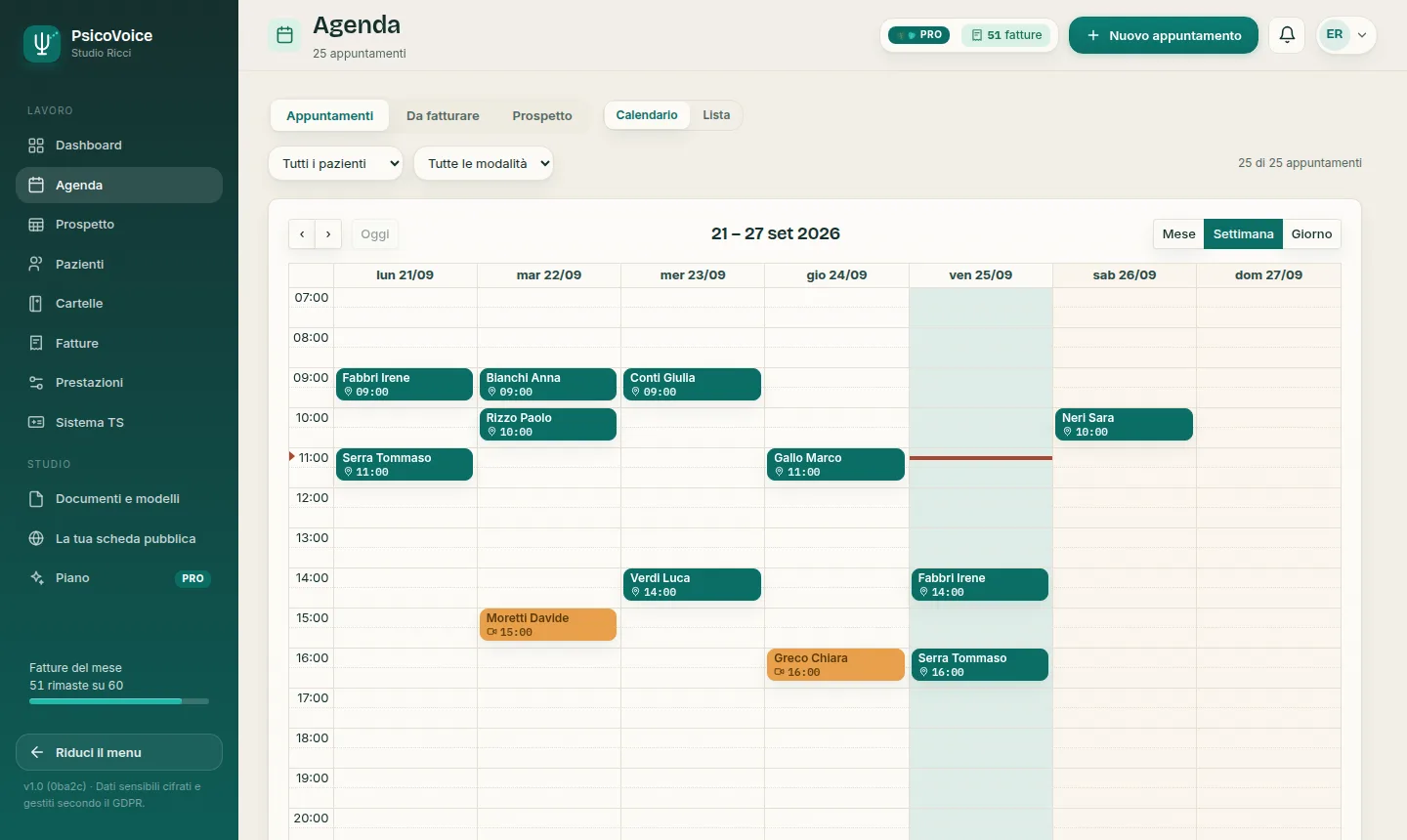 L'agenda settimanale di PsicoVoice, con gli appuntamenti in presenza e online.