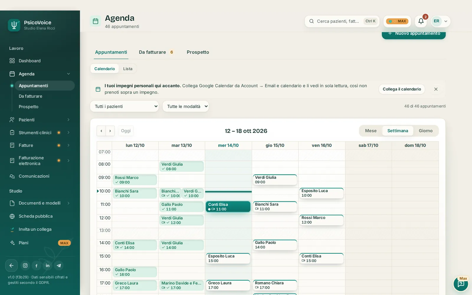Agenda settimanale di PsicoVoice con le sedute in presenza e online di una settimana d'esempio.