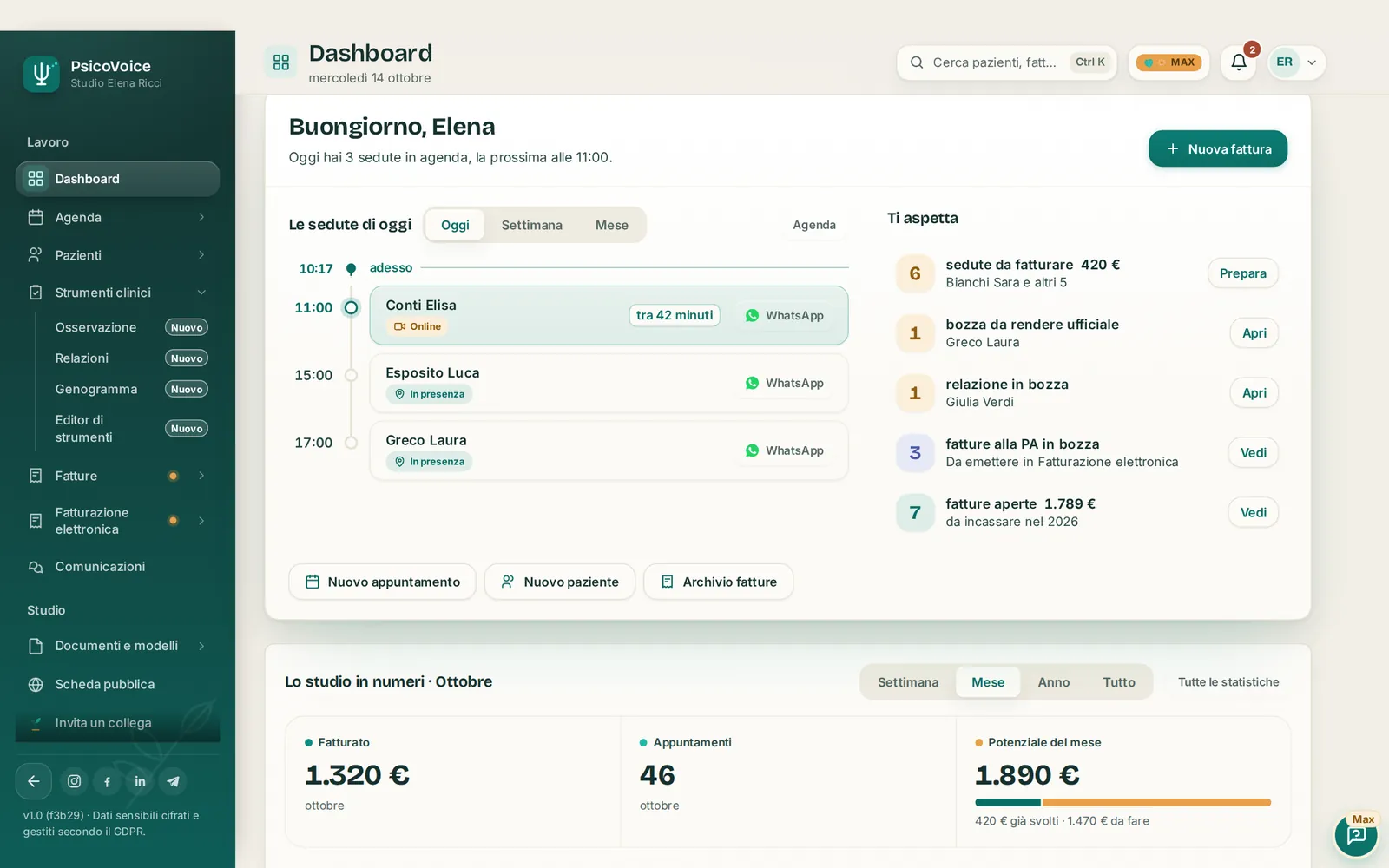 La dashboard di PsicoVoice: le sedute di oggi, quello che aspetta e i numeri del mese.