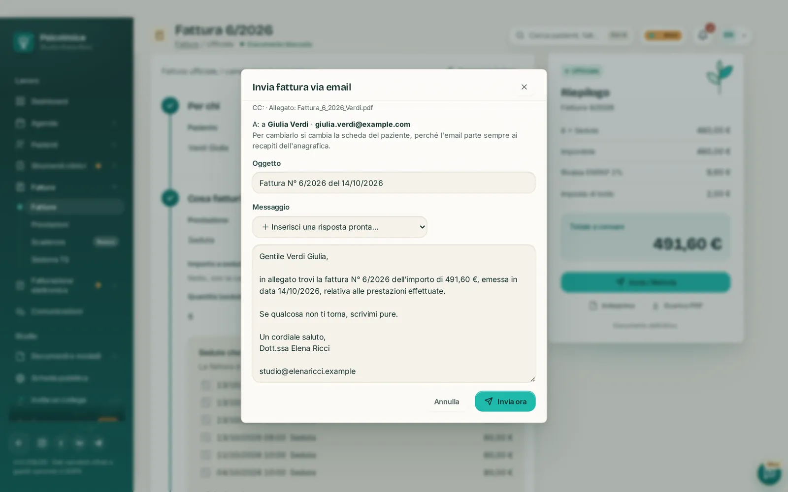 L'invio di una fattura via email da PsicoVoice, con il messaggio già pronto per la paziente.