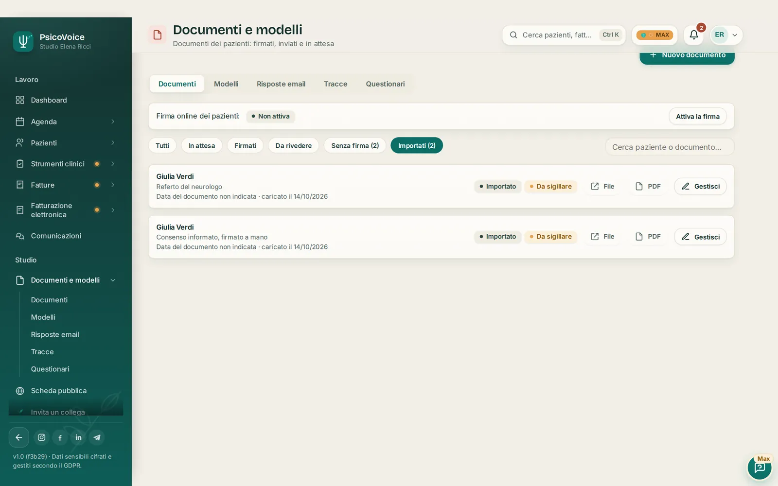 Documenti importati nella cartella in PsicoVoice: un consenso firmato a mano e un referto fotografato.