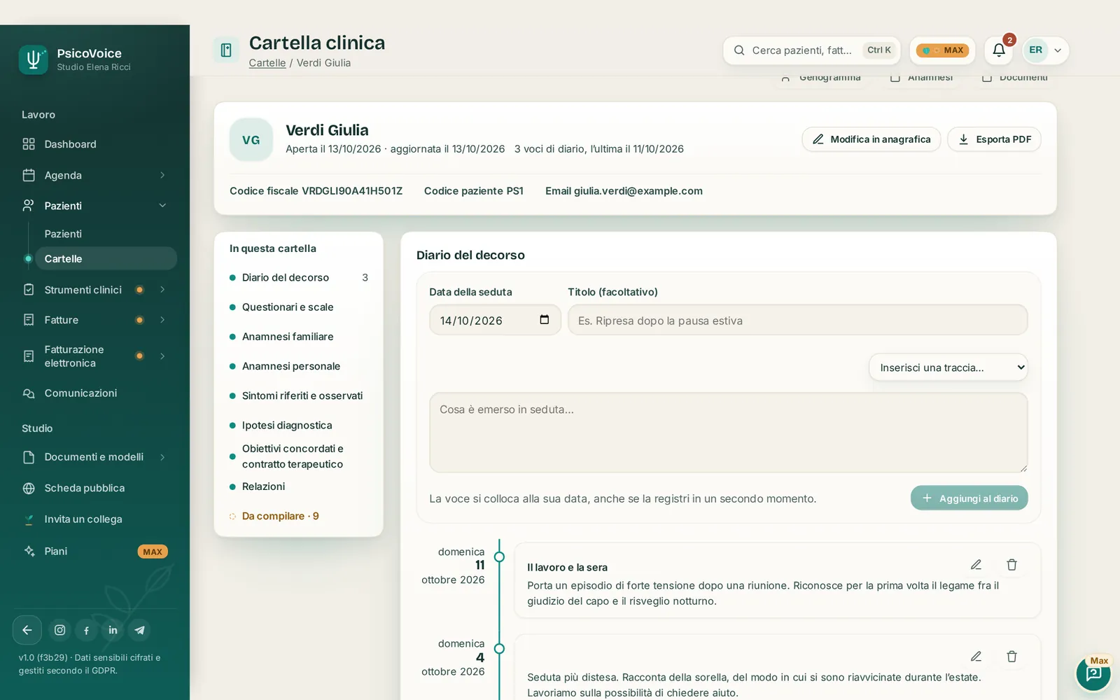 Cartella clinica di una paziente d'esempio in PsicoVoice: dati anagrafici, indice delle sezioni e diario del decorso.