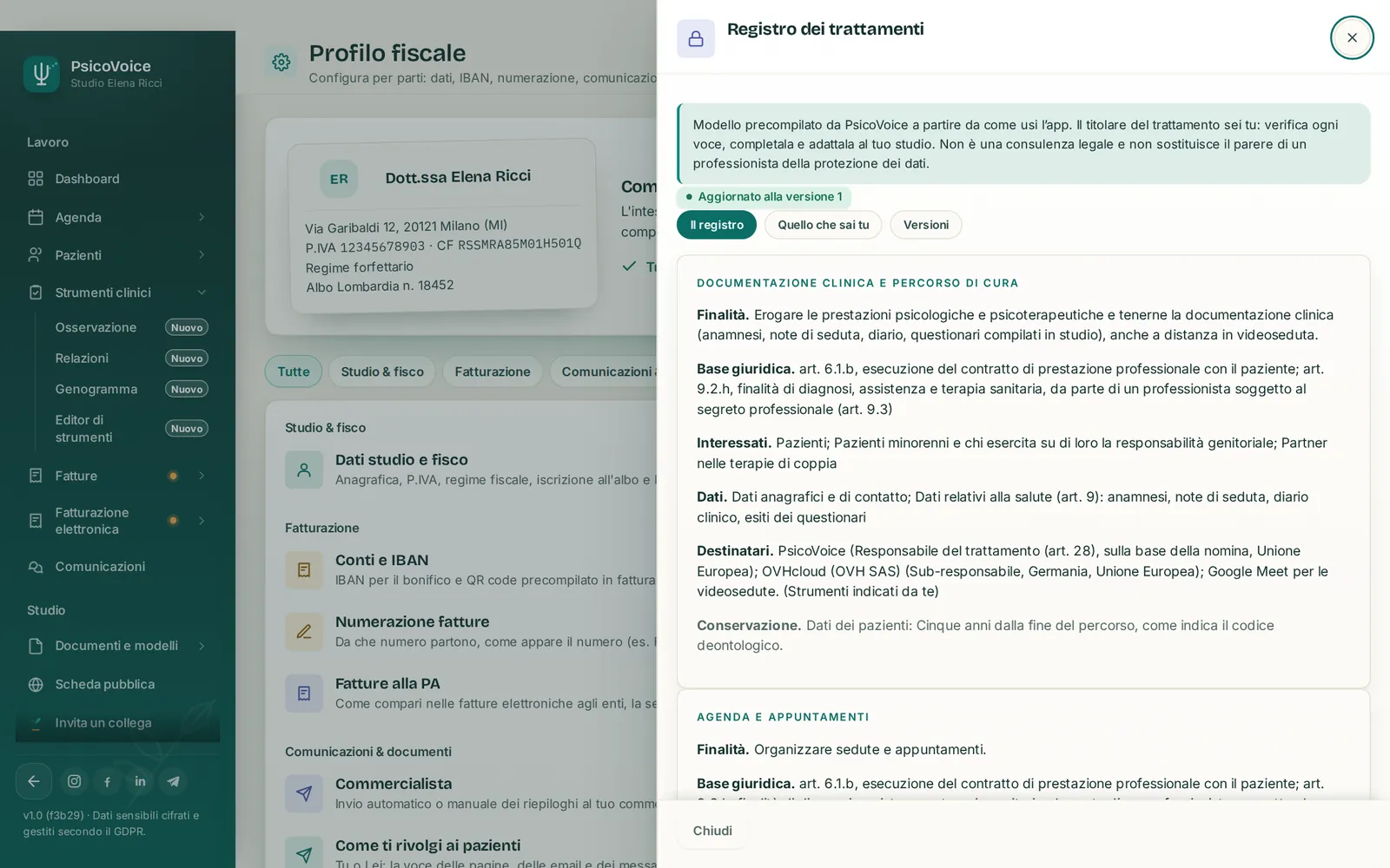 Il registro dei trattamenti generato da PsicoVoice a partire da come lo studio usa l'app.