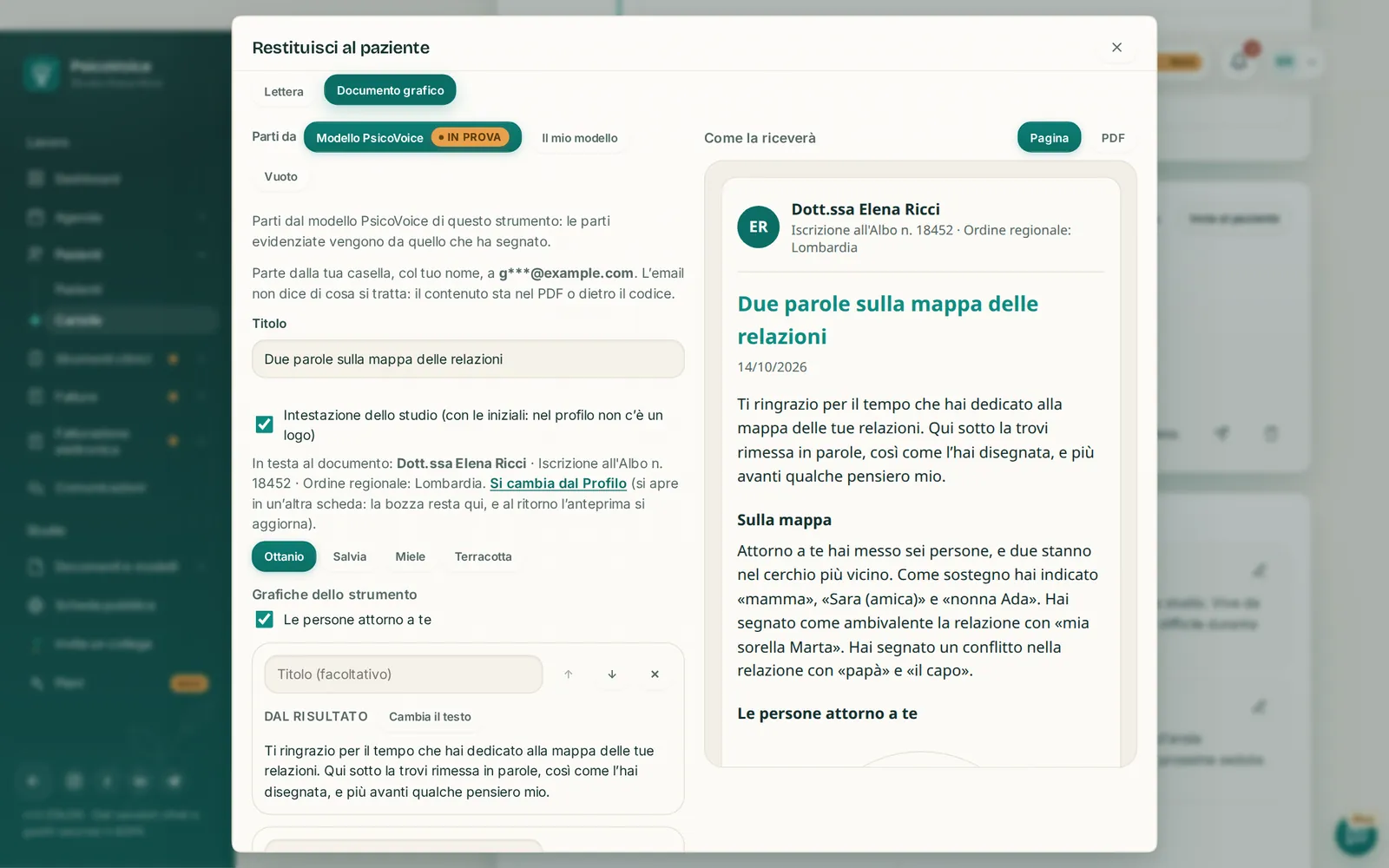 Restituzione grafica di PsicoVoice: il documento che riceve il paziente, con il logo dello studio, la lettera del terapeuta e la mappa delle relazioni con la sua legenda.
