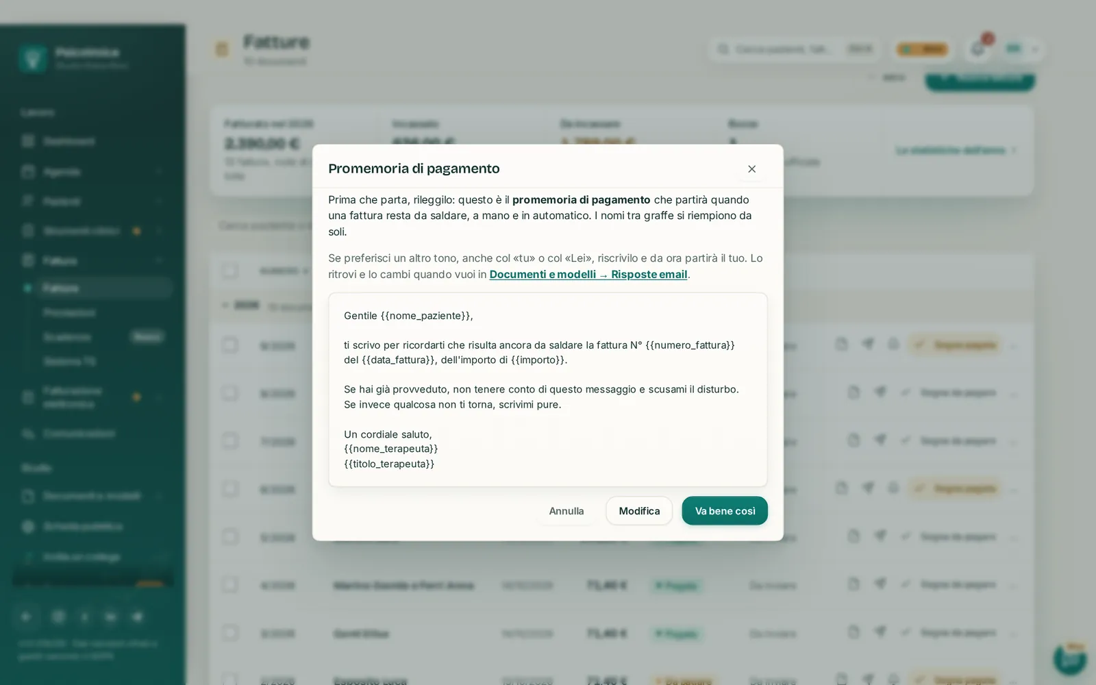Il promemoria di pagamento di PsicoVoice, da rileggere prima che parta.