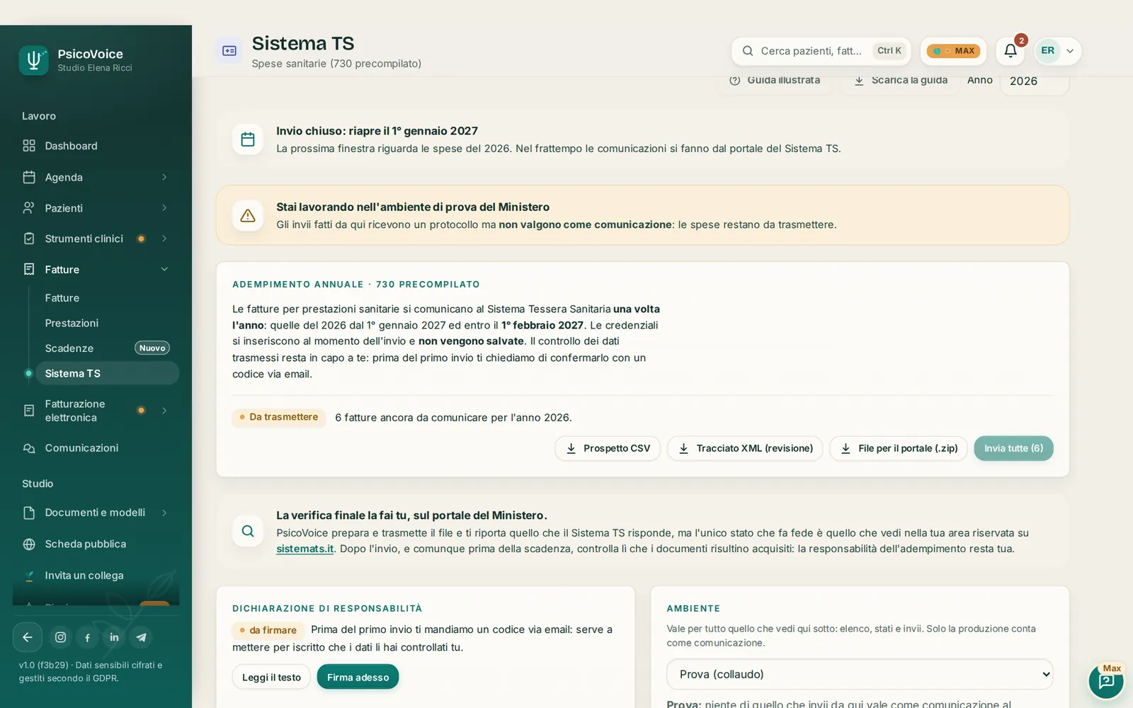 La pagina del Sistema TS in PsicoVoice, con le fatture da trasmettere e i file per il portale.
