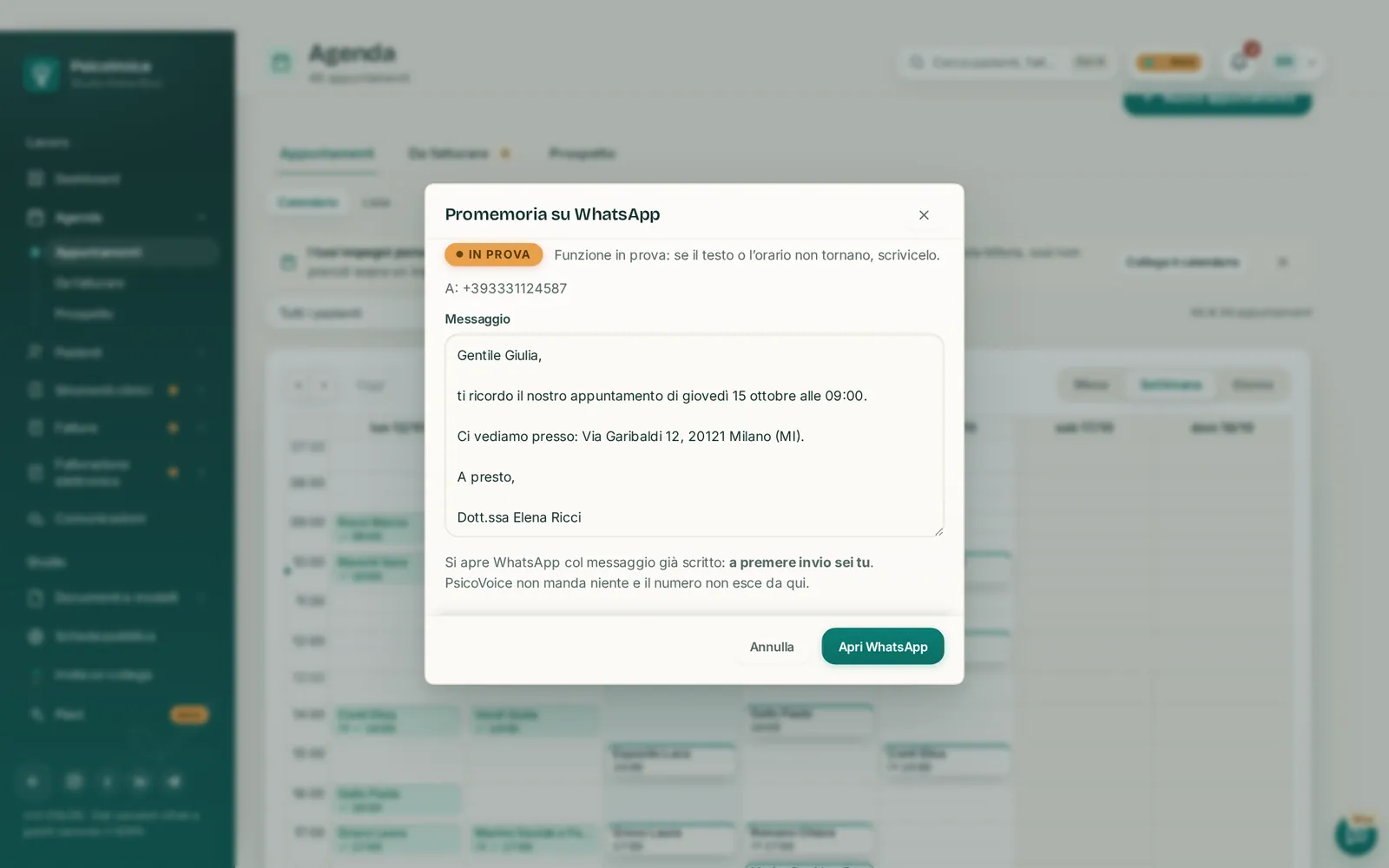 Il promemoria su WhatsApp di PsicoVoice: il messaggio già scritto, che il terapeuta invia dal proprio telefono.
