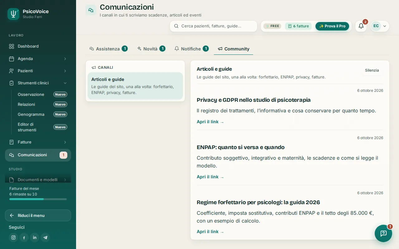 La sezione Comunicazioni di PsicoVoice, con i canali e i gruppi fra colleghi verificati sull’Albo.
