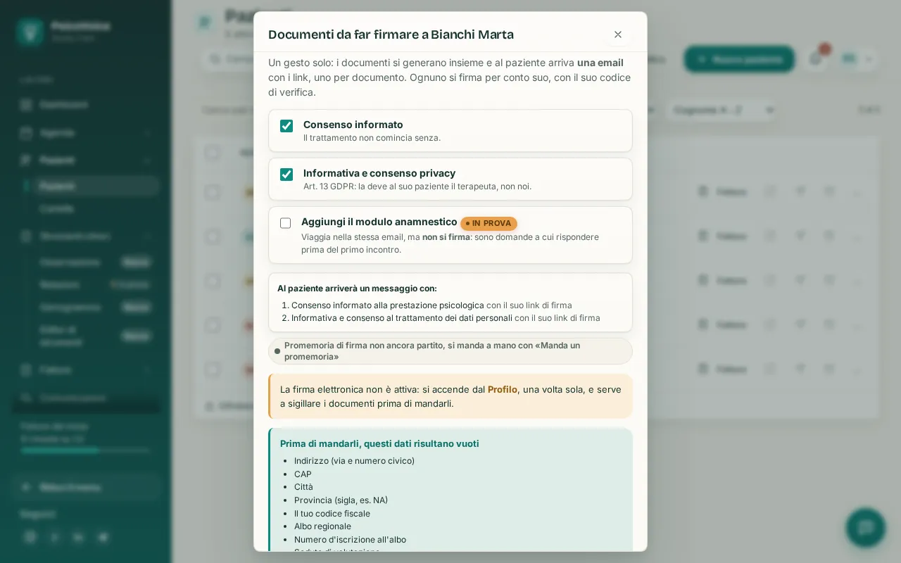 I documenti da far firmare al paziente: consenso informato e informativa privacy, mandati insieme con un'email.