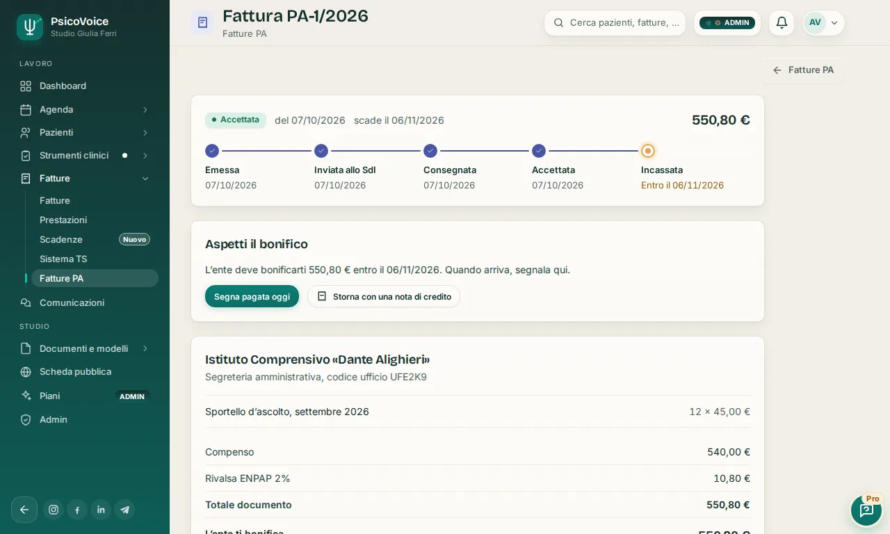 La sezione Fatturazione elettronica di PsicoVoice, con le fatture agli enti e il loro stato.