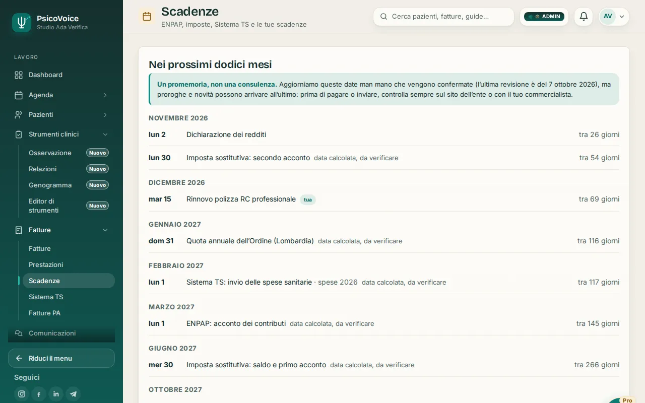 Le scadenze fiscali e previdenziali dello studio in PsicoVoice, con i preavvisi in campanella.