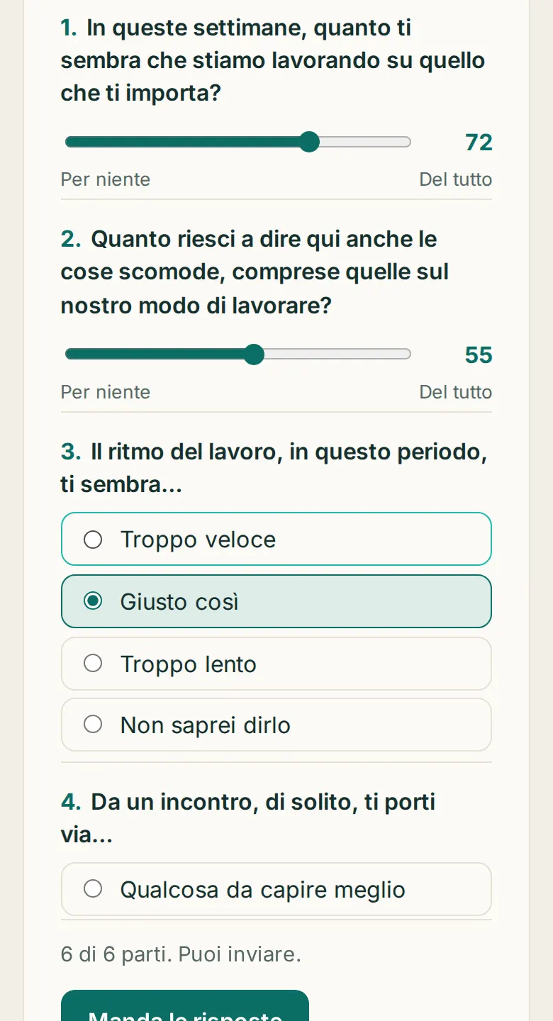«A che punto siamo» sul telefono del paziente, con le prime risposte segnate.