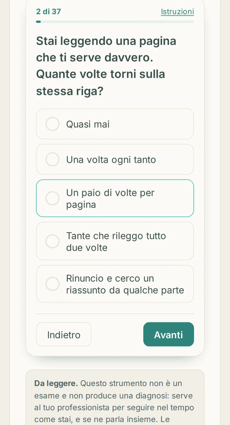 «Attenzione, tempo e organizzazione» sul telefono del paziente, con le prime risposte segnate.