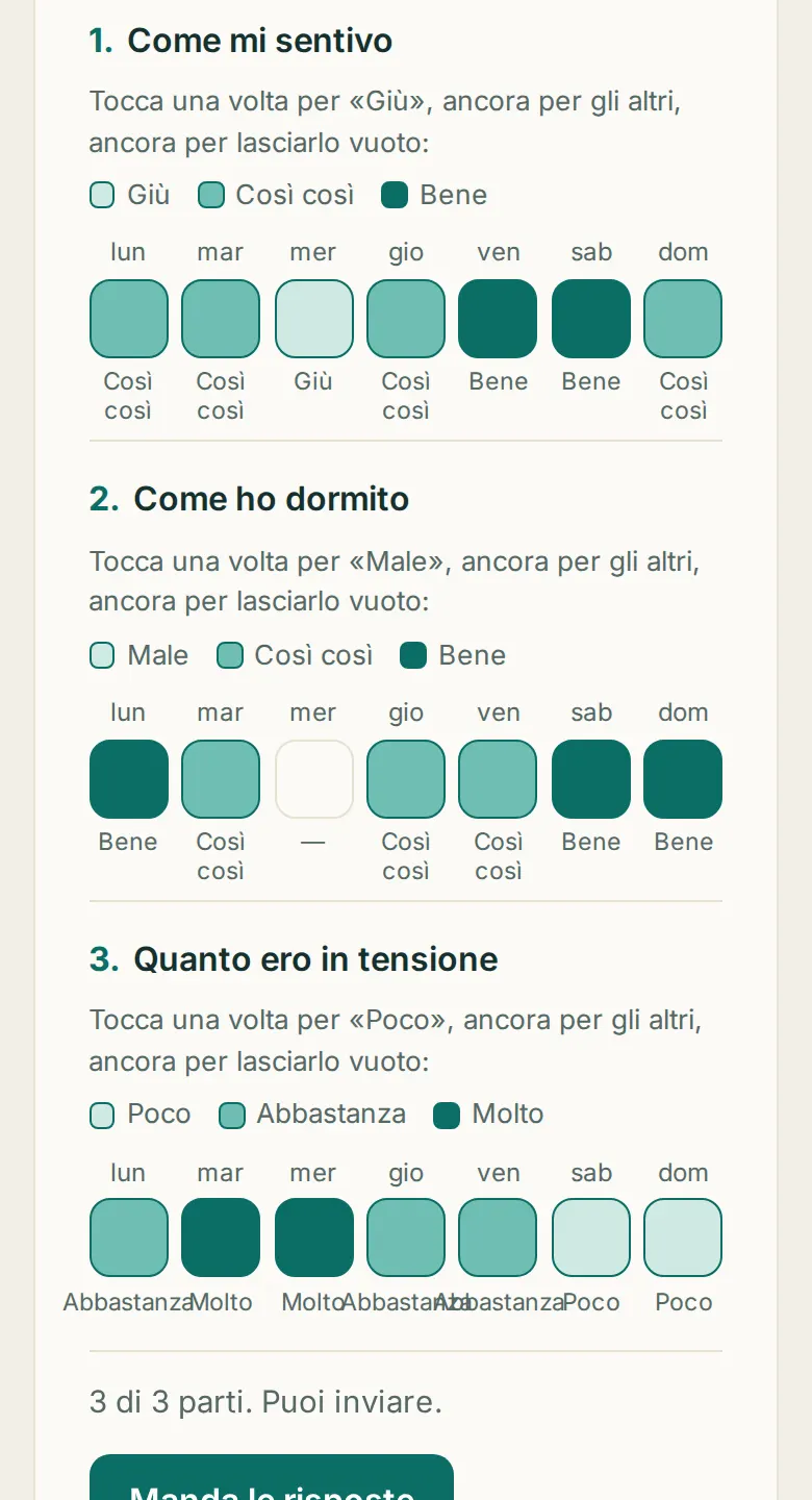 «Diario della settimana» sul telefono del paziente, con le prime risposte segnate.