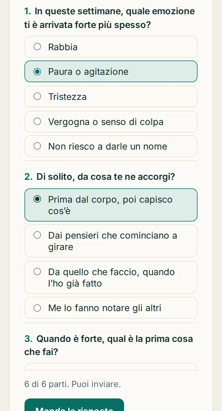 «Quando un’emozione sale» sul telefono del paziente, con le prime risposte segnate.